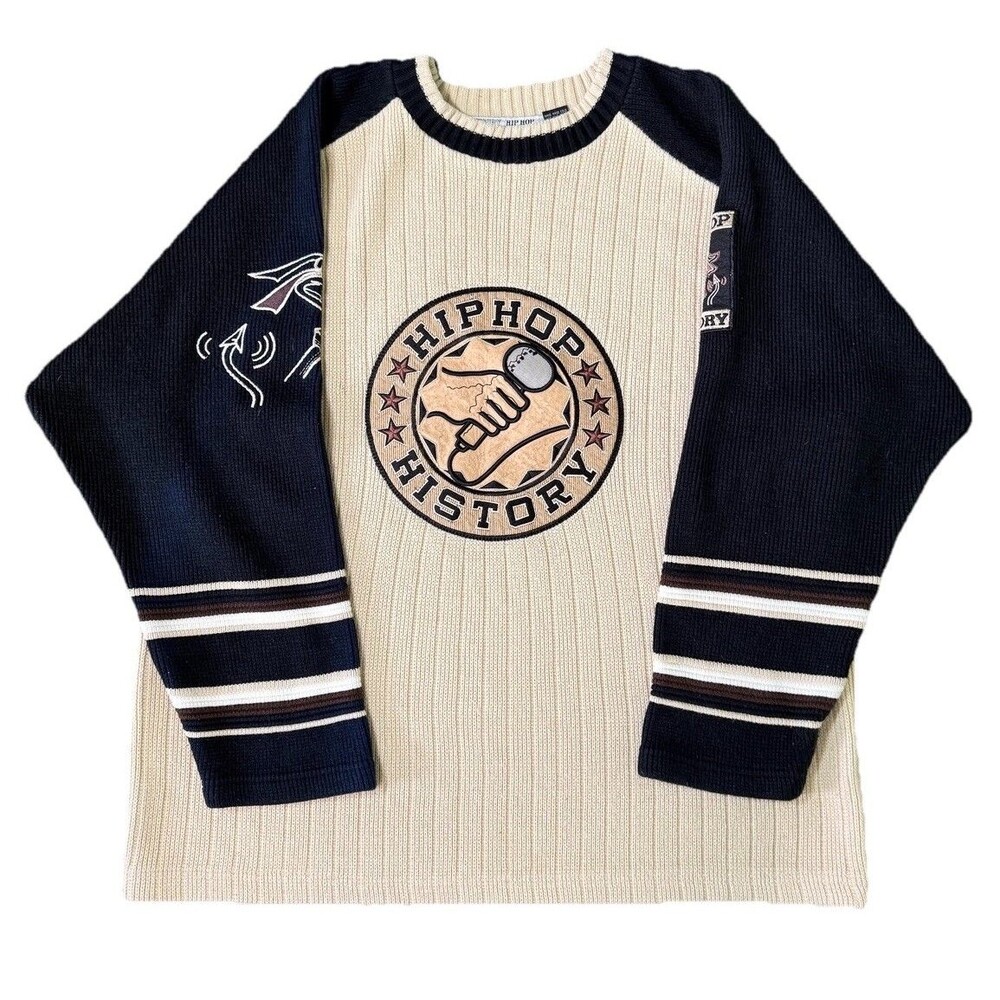Hip Hop History Graphic Y2K Ribbed‎ Knit Sweater Mens Colorblock Raglan Size XL